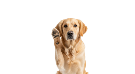 An intelligent adult golden retriever with light golden fur, paw raised to ear, listening intently against a transparent studio background, concept for strategic communication