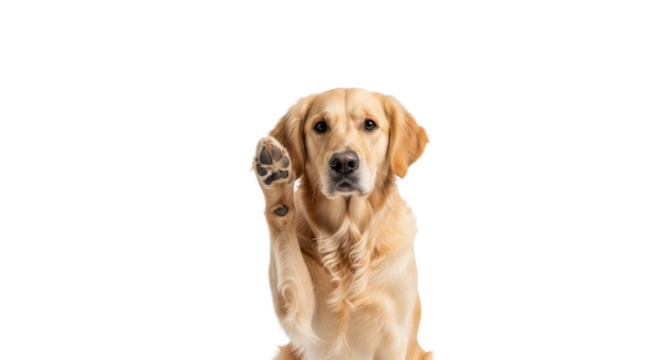An intelligent adult golden retriever with light golden fur, paw raised to ear, listening intently against a transparent studio background, concept for strategic communication