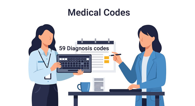 Healthcare professionals collaborating on digital medical coding and diagnosis data management, ensuring efficient patient record processing