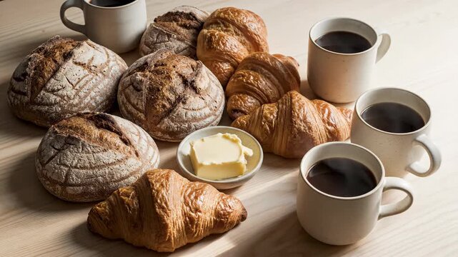 A Cozy Morning's Feast: Fresh Baked Goods, Coffee, and Butter on a Wooden Table