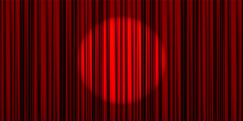 Red closed theater curtains with a spotlight as bg for Broadway or circus performances. Realistic vector illustration of pleated curtains with velvet texture and gradient mesh © Kusandra