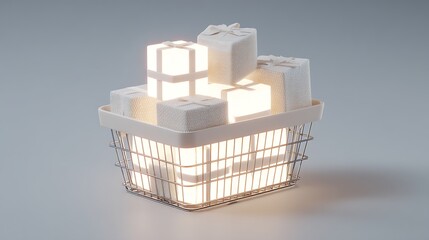 Shopping basket filled with glowing gift packages