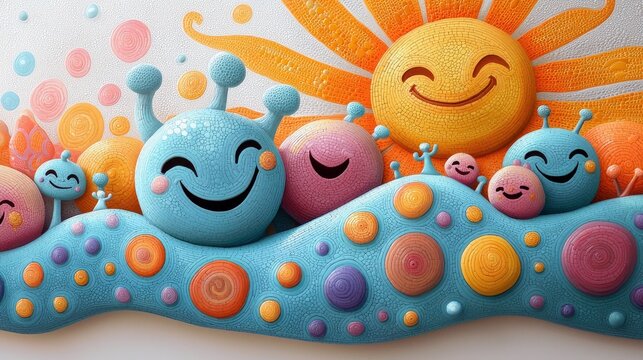 A whimsical illustration featuring smiling cartoon characters, a smiling sun, and a colorful landscape. The scene is joyful and vibrant.