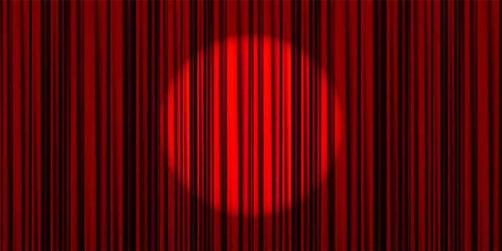 Red closed theater curtains with a spotlight as bg for Broadway or circus performances. Realistic vector illustration of pleated curtains with velvet texture and gradient mesh