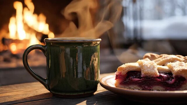 A Cozy Scene: Coffee and Cherry Pie by the Fireplace on a Rustic Wooden Table