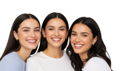Three diverse young women, 20s-30s, in brand-neutral casual attire, smiling confidently with genuine joy against a transparent studio backdrop. Concept of health, wellness, and genuine connection