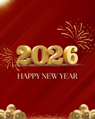 Golden 2026 happy new year celebration with fireworks on red background