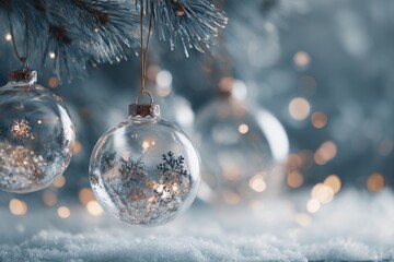 Clear christmas bauble with fir branch and falling snow