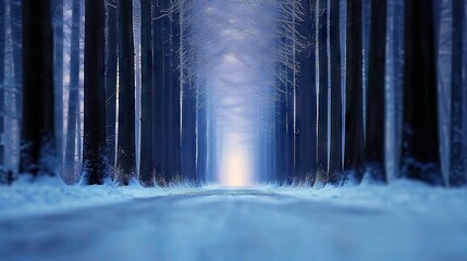 A snow-covered path leads through a dark forest towards a bright light, creating a sense of mystery and hope in a winter landscape.