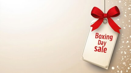 Boxing Day Sale Tag Hang with Red Bow Ribbon on Beige Background.