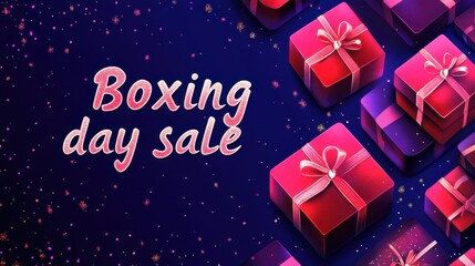 Boxing Day Sale Banner with Gift Boxes Decorated on Blue Lights Effect Background for Advertising.