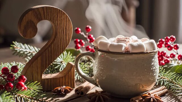 A Cozy Winter Scene with Hot Chocolate, Marshmallows, and Festive Decorations for the New Year