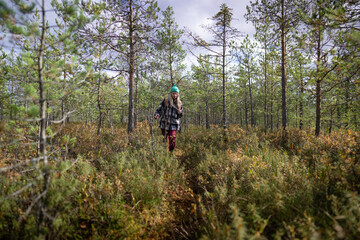 Obraz premium Adult woman hiker on weekend daily walk outdoors in wild autumn swamp forest on cloudy day. Female explorer walking in fall pine marshy woodland, enjoying pure nature, relaxing from daily life routine