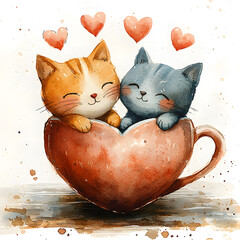  Two adorable tabby cats snuggled lovingly inside a heart-shaped mug with floating romantic hearts