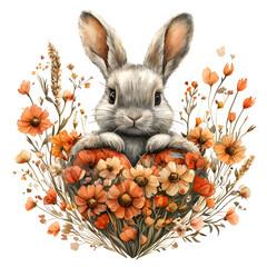 Watercolor Bunny Peeking Over Floral Heart with Orange Flowers and Wheat Stems