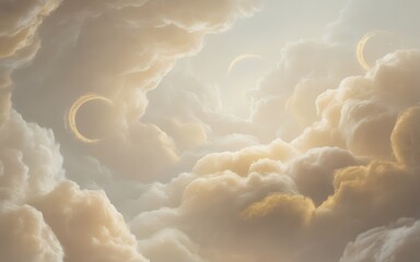 Golden crescent moons emerge from soft clouds Vector