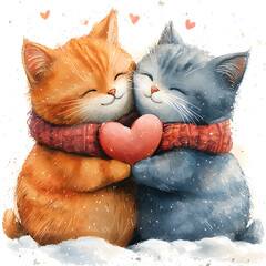  Two cute kittens snuggling warmly in a red scarf, holding a heart on fresh snow