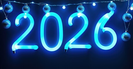 Bright blue neon numbers display year 2026. Festive lights, ornaments decorate dark background. Celebration, new years event visible.