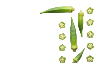 Pristine vibrant green okra pods, some whole, some star-cut, showcasing succulent interior on a transparent background with soft diffused lighting, flat lay, concept of natural health and purity