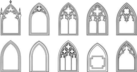 Gothic windows with arched frames and stained glass church. Medieval architecture shapes cathedral. Silhouettes of castle doors isolated on white background. Classic catholic interior decoration.eps © topceptart