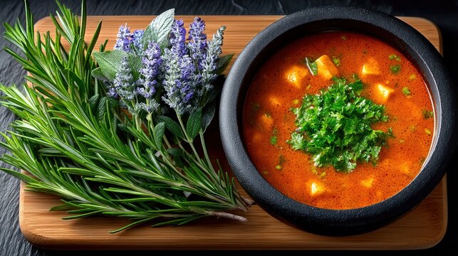 A close-up shot of a bowl of soup with fresh herbs, presented on a wooden board, showcasing a culinary concept. - Powered by Adobe