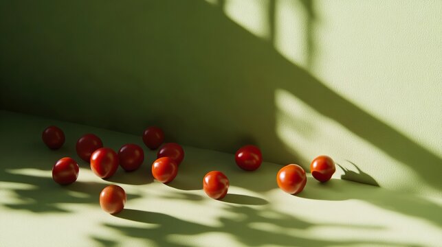 A collection of fresh, red cherry tomatoes scattered on a green surface, illuminated by soft shadows. - Powered by Adobe