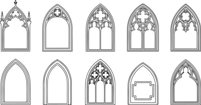 Gothic windows with arched frames and stained glass church. Medieval architecture shapes cathedral. Silhouettes of castle doors isolated on white background. Classic catholic interior decoration.eps