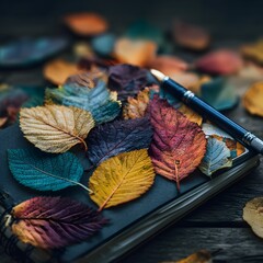 Colorful autumn leaves with a pen on a dark wooden surface