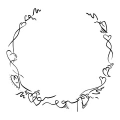 Continuous flowing calligraphy ribbon line of hearts and heartbeat creating circle wreath. Hand drawn ink vector frame illustration. Love greeting card, wedding decor, romantic anniversary logo frame.