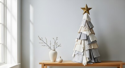 A charming, diy fabric christmas tree, adorned with a golden star, stands on a rustic wooden table, bringing homemade warmth and holiday cheer to a modern interior