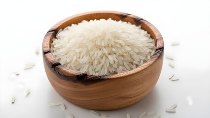 A wooden bowl full of uncooked white rice, with grains scattered on a clean surface, highlighting its natural texture and appeal, isolated on white background