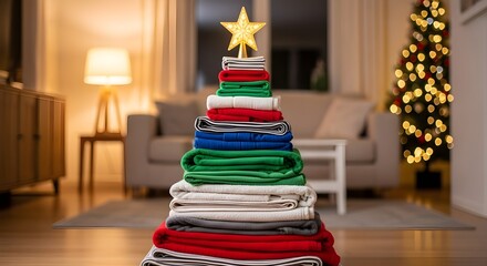 A festive christmas tree made of folded colorful clothes, topped with golden star, in a cozy living room with a blurred traditional christmas tree