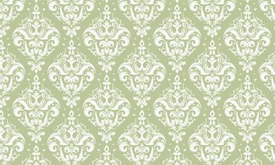 Seamless Elegant Baroque Pattern, Luxury Olive Green and White Swirl Background for Packaging