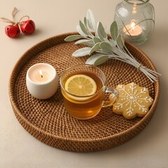 Cozy Winter Tea Moment with Candle, Cookie, and Mini Red Bells 