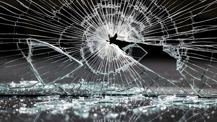 A closeup view of shattered glass with a central impact point and numerous radiating cracks, illustrating damage, destruction, fragility, and the aftermath