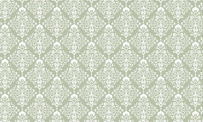 Seamless Royal Victorian Pattern, White Floral Ornament on Sage Green Background for Wallpaper