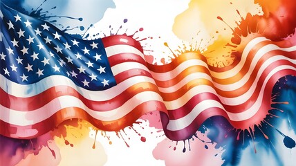 A vibrant watercolor american flag with dynamic paint splashes and a flowing, wavy design, symbolizing patriotism, freedom, and national pride in an artistic style