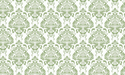 Seamless Sage Green Baroque Pattern, Classic Damask Floral Scroll Background for Luxury Wallpaper