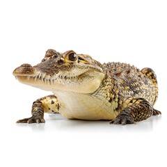 Baby alligator with textured skin and sharp teeth on a white background