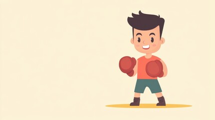 Cartoon Illustration of Boy Boxer Ready to Fight on Yellow Background.