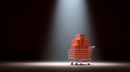 Shopping cart filled with gift boxes glowing in spotlight