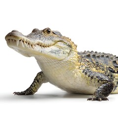 Close up profile of a young alligator with textured skin and sharp teeth on a white background