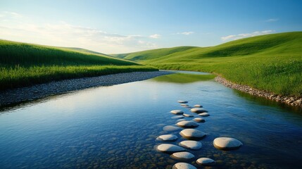 Serene river flowing through green hills. Peaceful landscape. Stock photo