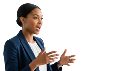 Mid-30s African American woman in navy blazer, speaking dynamically with gesturing hands, confident on transparent studio background, impactful business communication concept