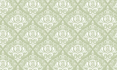 Seamless Royal Damask Wallpaper, White Vintage Floral Motif on Soft Olive Green Background