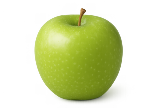 Green apple fruit with stem, fresh whole granny smith organic produce, healthy food item on transparent background
