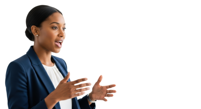 Mid-30s African American woman in navy blazer, speaking dynamically with gesturing hands, confident on transparent studio background, impactful business communication concept - Powered by Adobe