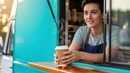 Smiling Female Barista Serving Coffee From Turquoise Food Truck