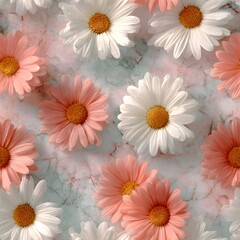 Soft focus floral pattern with pink and white daisies on a textured background