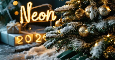 Fototapeta premium Festive scene features illuminated Christmas tree, gifts, neon sign displaying Neon and year 2026. Snow covers ground, creating winter ambiance.